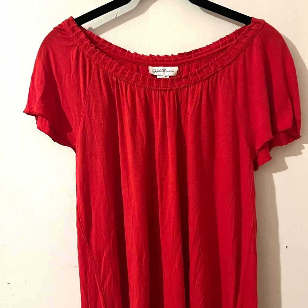 Jaclyn Smith - Red Smocked Blouse Cap Sleeve